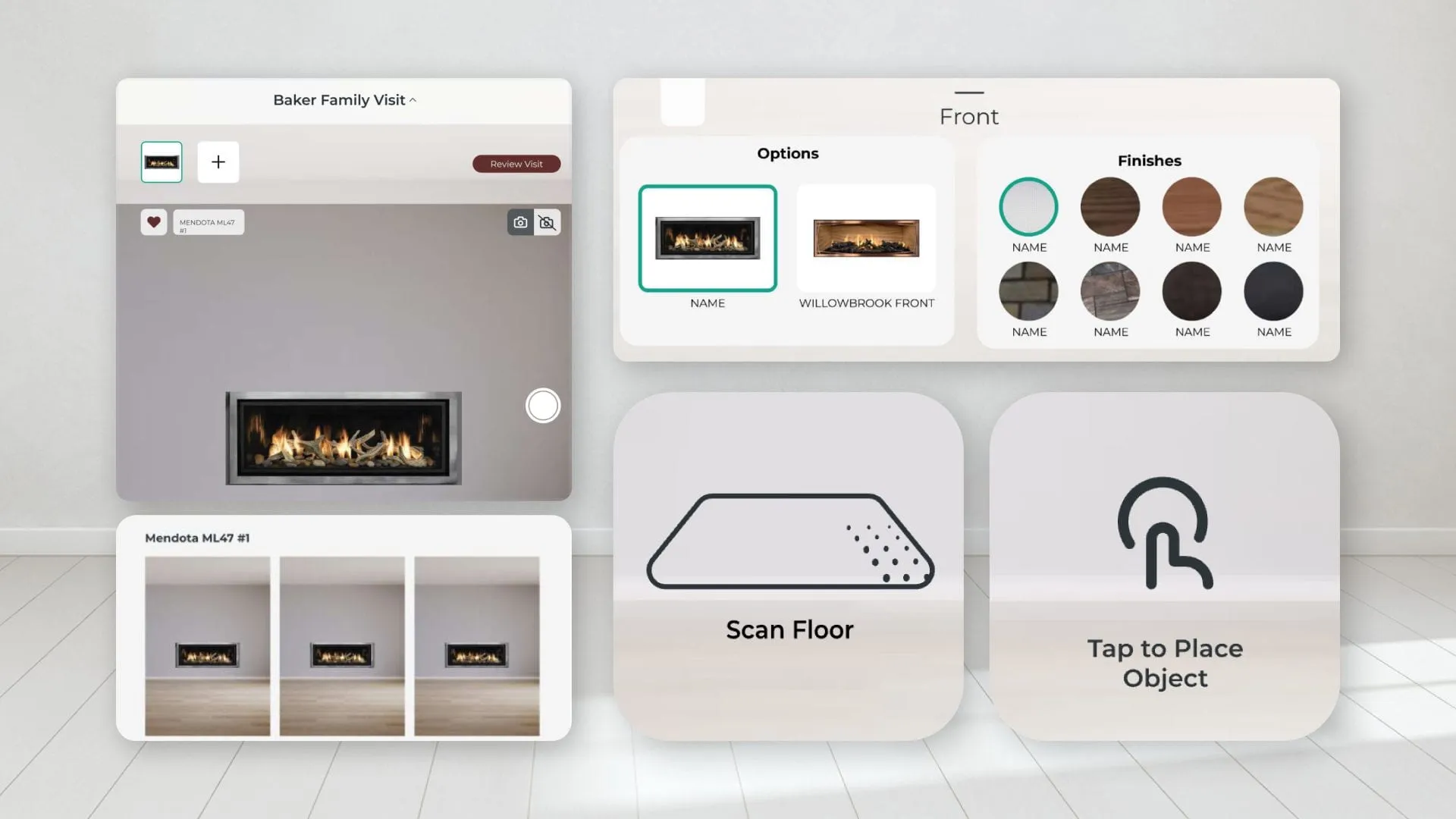 Fireplace visualizer screens with a fireplace in a room, finish options, and Scan Floor and Tap to Place Object prompts