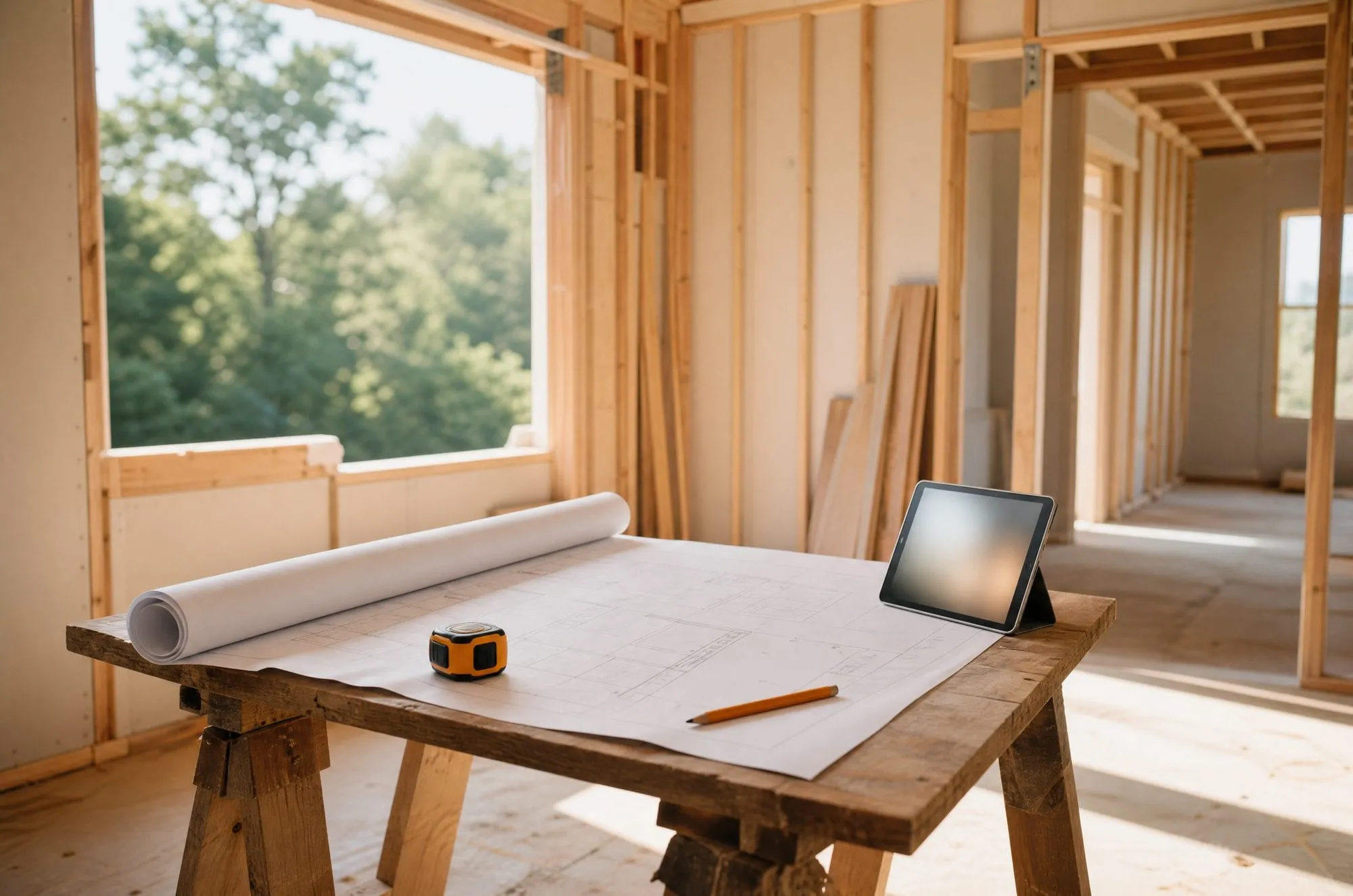 Half-rolled blueprint, tape measure, and pencil on a sawhorse table beside a propped tablet in a sunlit framed room