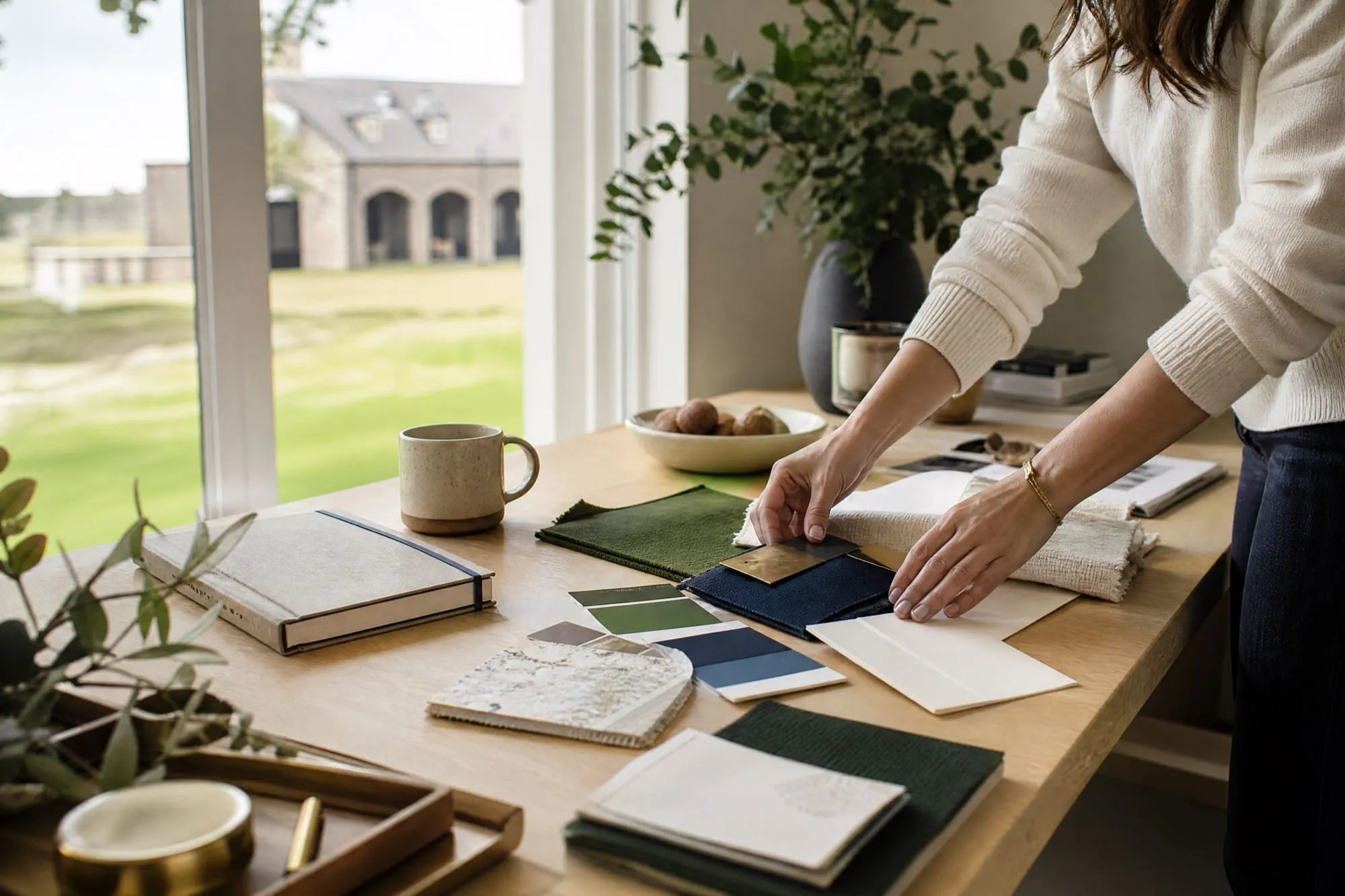 Designer arranging green, navy, cream and gold swatches on an oak desk with a stone clubhouse outside the window