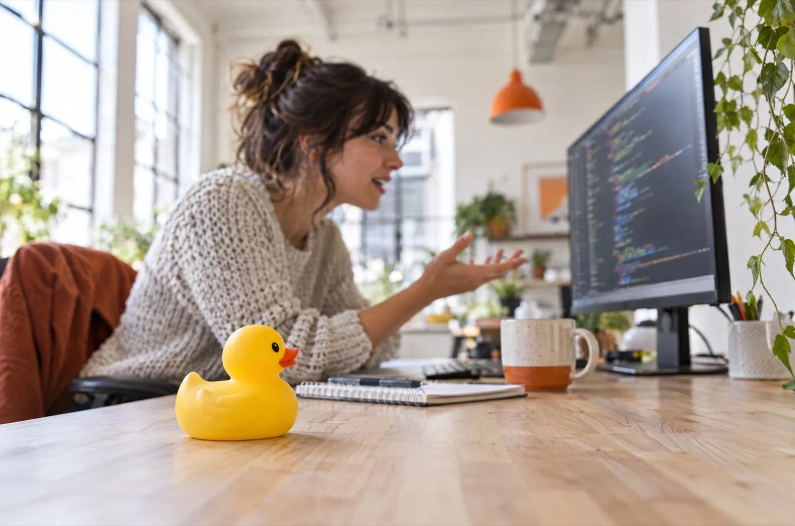 A developer talks through her code out loud to a yellow rubber duck on a wooden desk beside a monitor of code.
