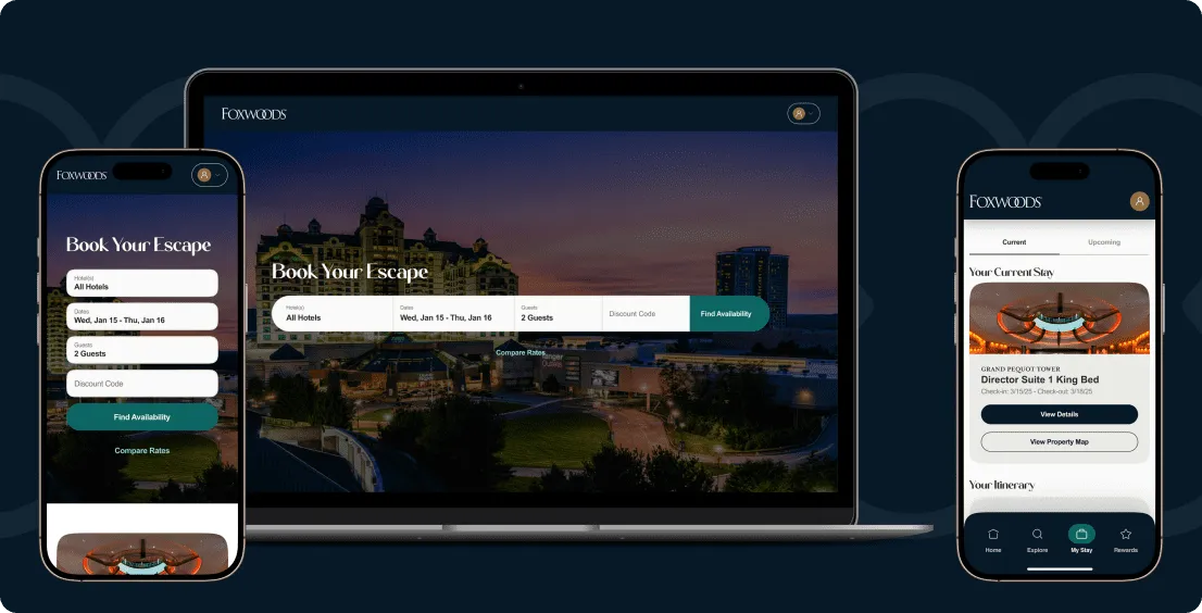 Foxwoods booking page on a laptop and phone with a Book Your Escape search form, beside a My Stay screen