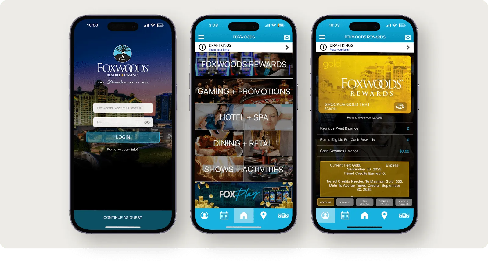 Three screens of the previous Foxwoods app: login, home menu, and a gold rewards card