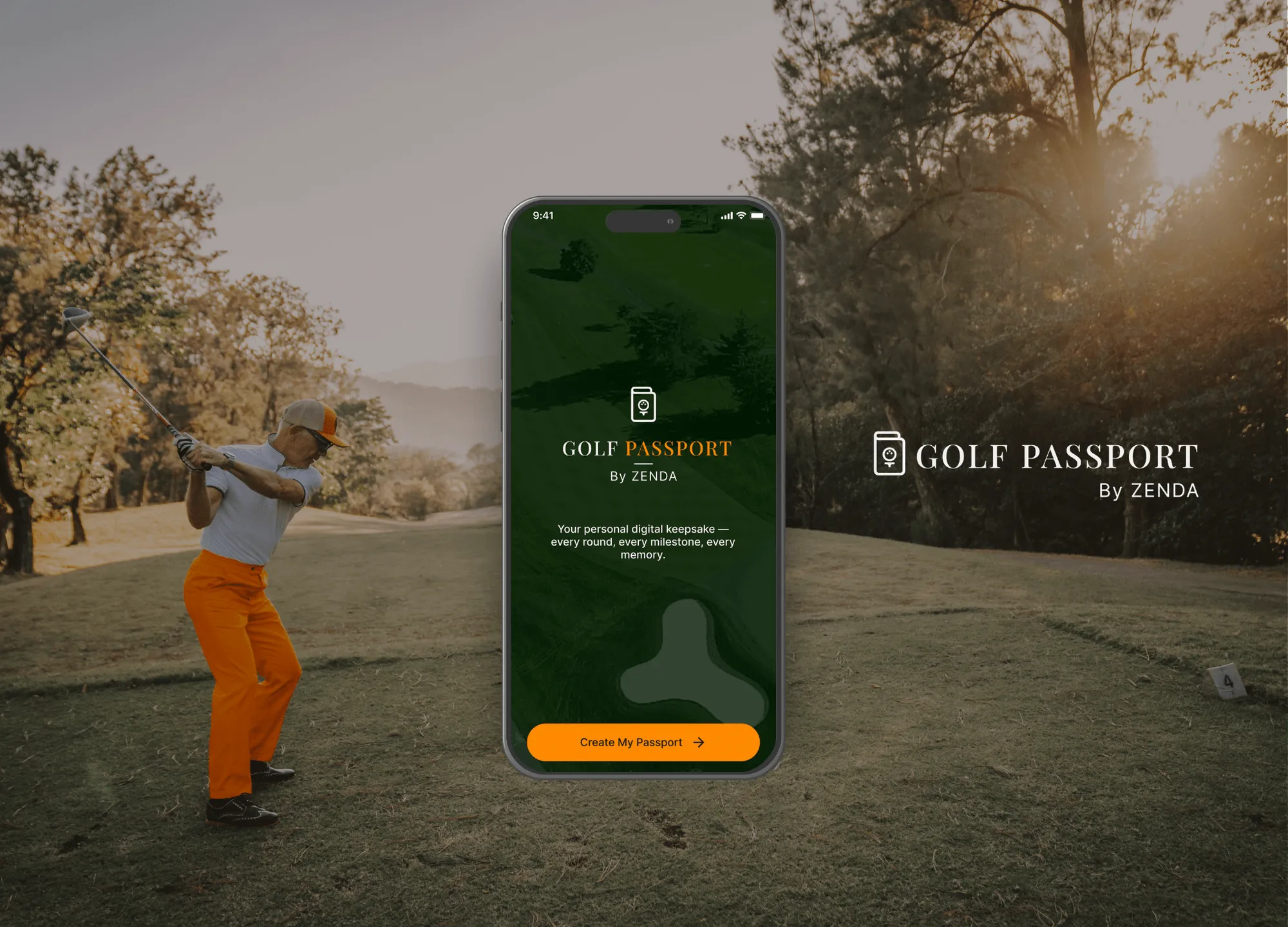 Golfer mid-swing beside a phone showing the Golf Passport by Zenda app splash screen