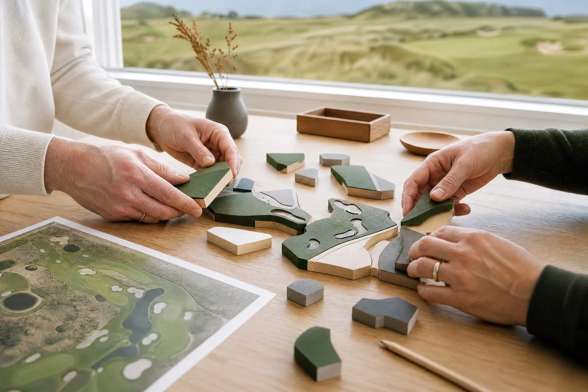 Two pairs of hands fitting green and grey modular wooden blocks together beside a printed golf course map