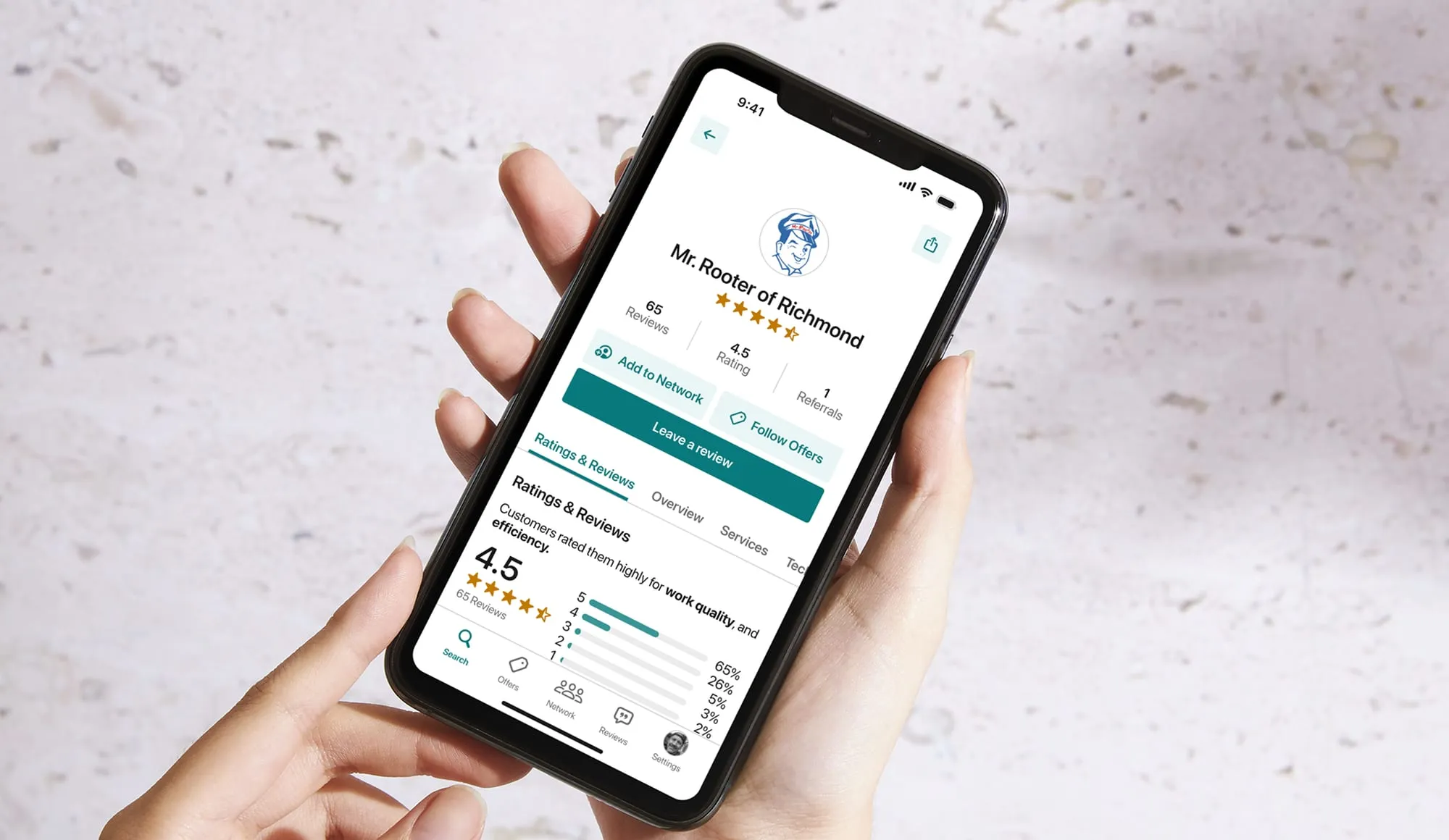 A hand holding a phone that shows a service provider profile with a star rating, a ratings breakdown and a review button.