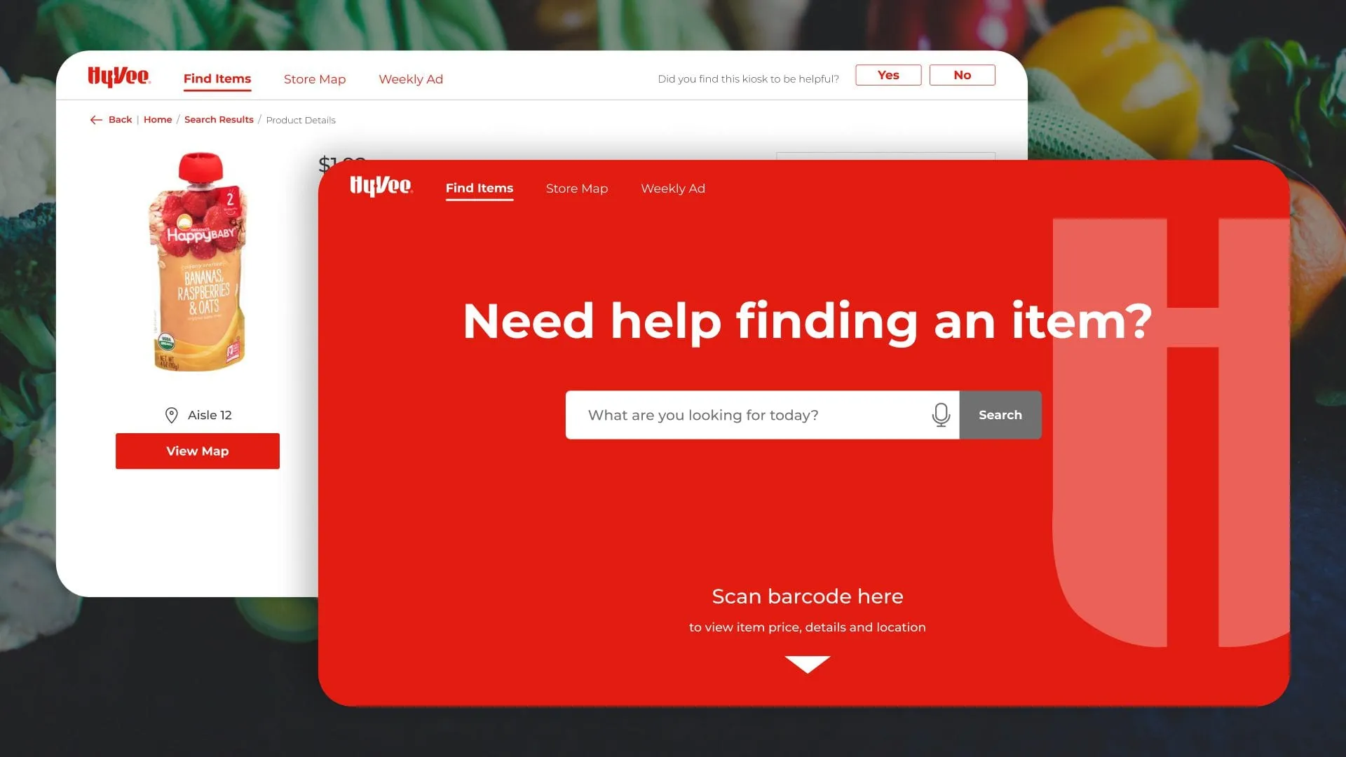 Hy-Vee kiosk screens showing a product search box, an aisle location, and a Scan barcode prompt