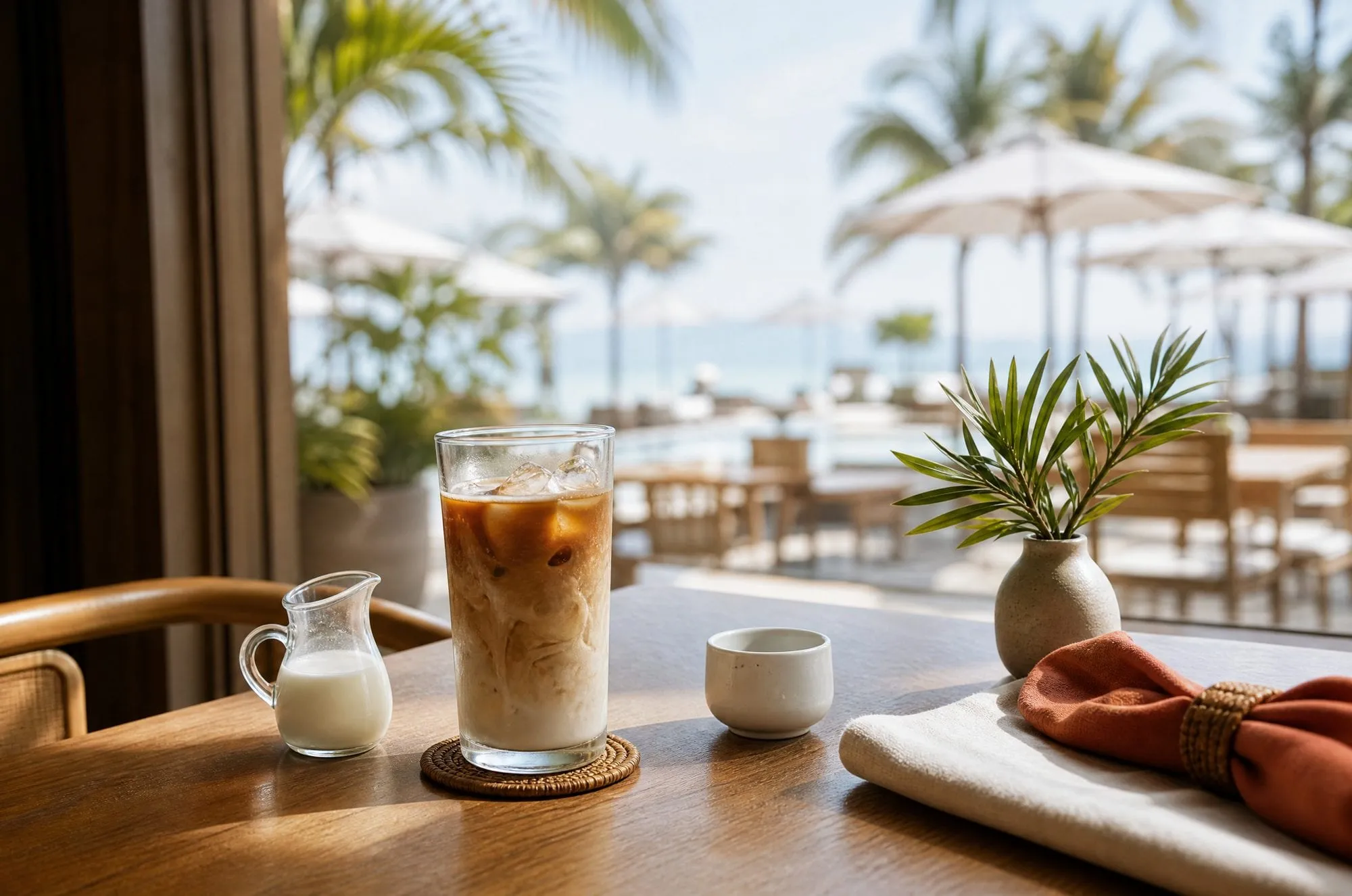Tall glass of iced coffee with a small cream pitcher, napkin, and plant on a wooden table by a sunny resort terrace