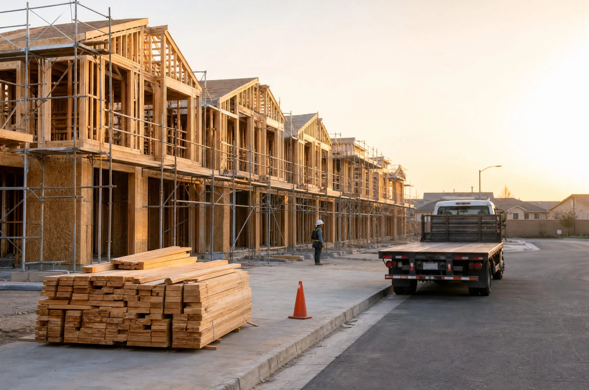 Row of half-framed townhomes at sunrise with scaffolding, a lumber stack, an orange cone, and an empty flatbed truck