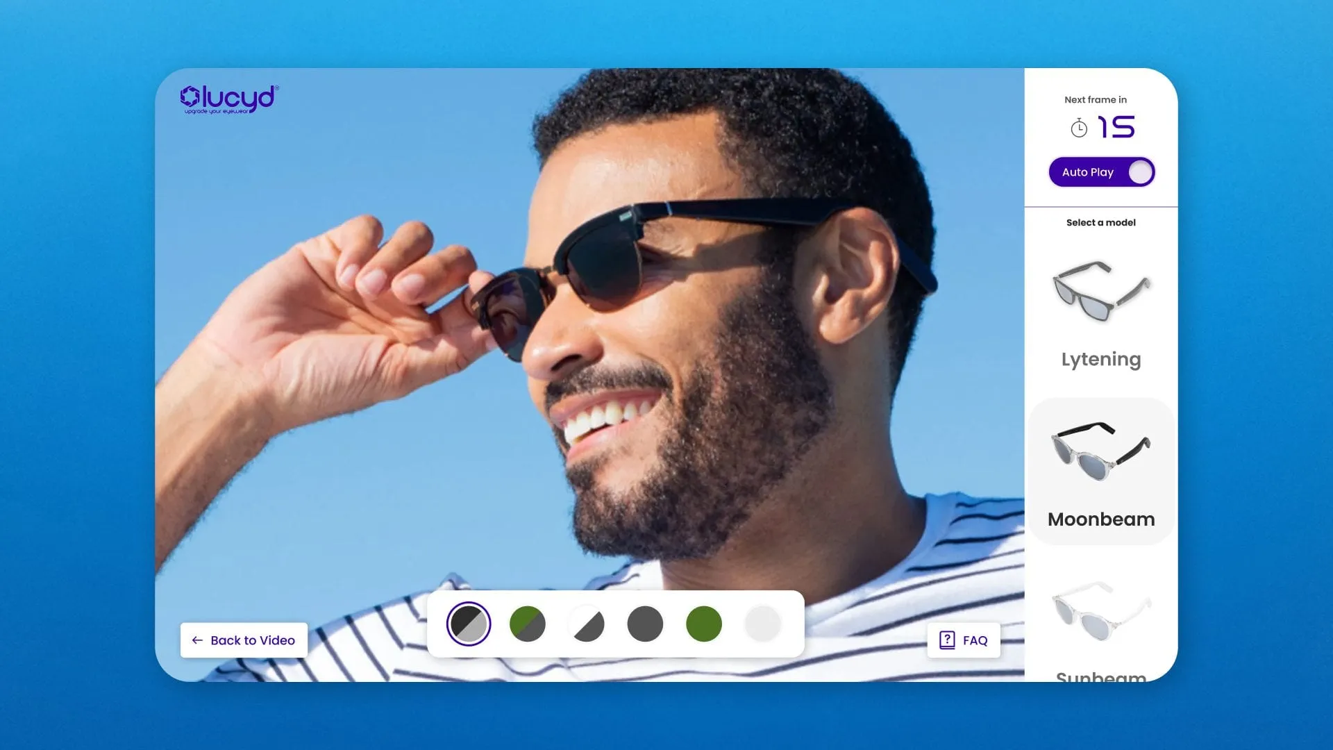 Lucyd virtual try-on screen showing a smiling man in sunglasses and a list of frame models