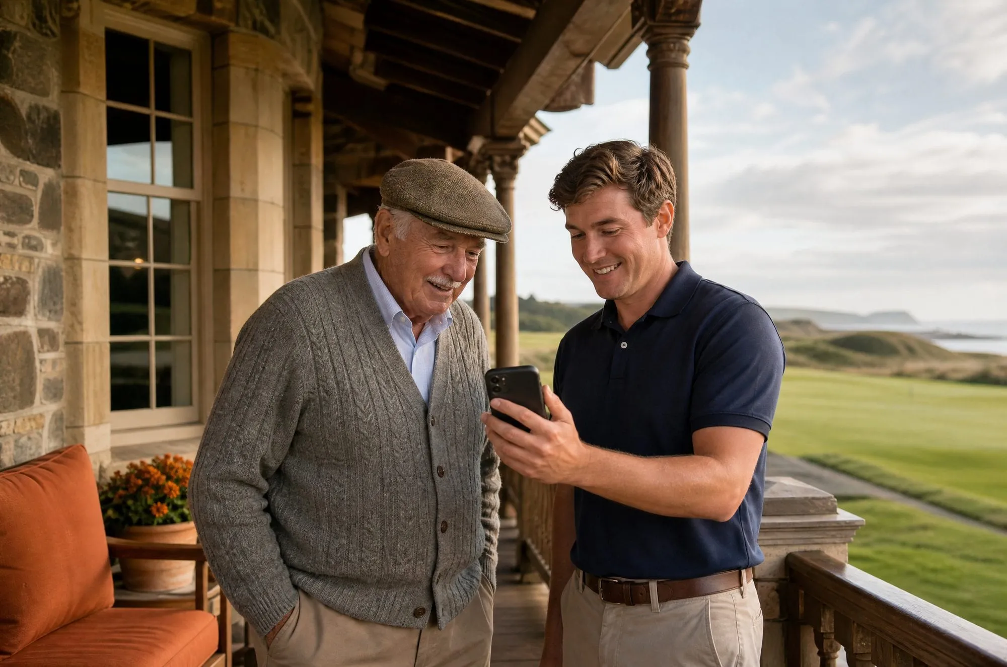 Older member in a flat cap and a younger staff member smiling at a phone on a stone clubhouse veranda above a links fairway