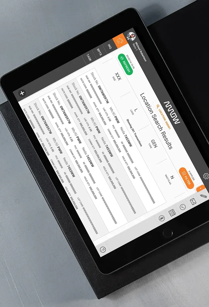 A tablet showing a location search results screen, with stock numbers, lots, and quantities for a location.