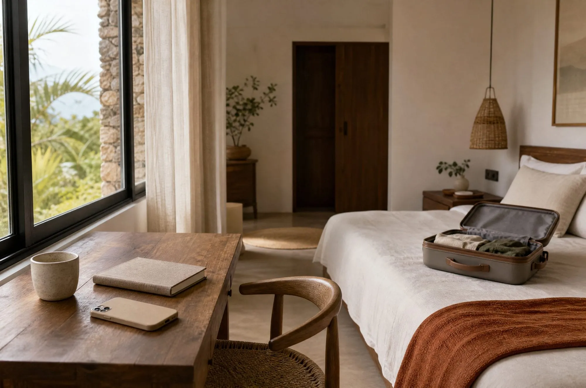 Sunlit resort bedroom with a phone, coffee cup, and notebook on a wooden desk and an open suitcase on the bed