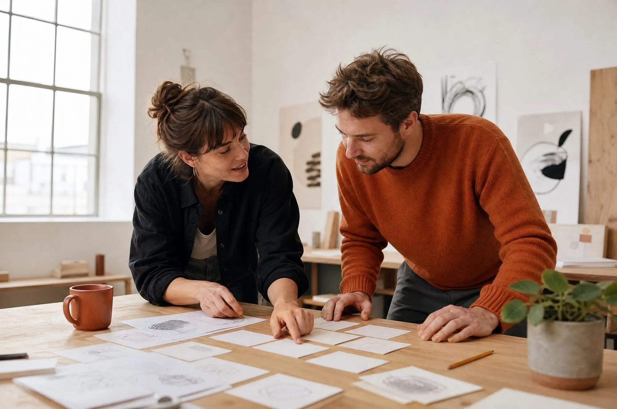 Two colleagues arranging blank paper cards and sketches on a wooden table beside a coffee mug and a plant