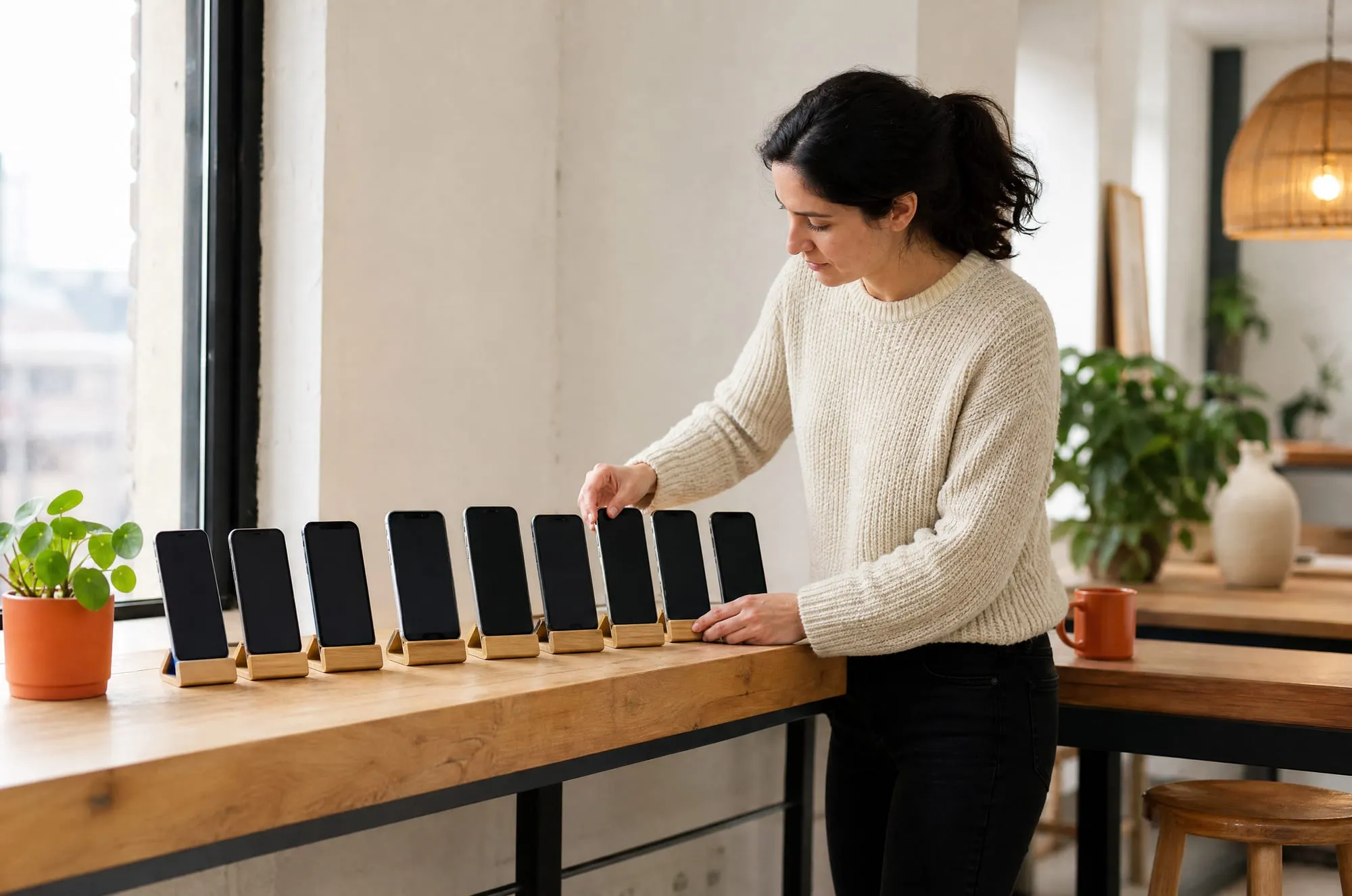 QA engineer arranging a row of nine smartphones on wooden stands along a sunlit wood bench
