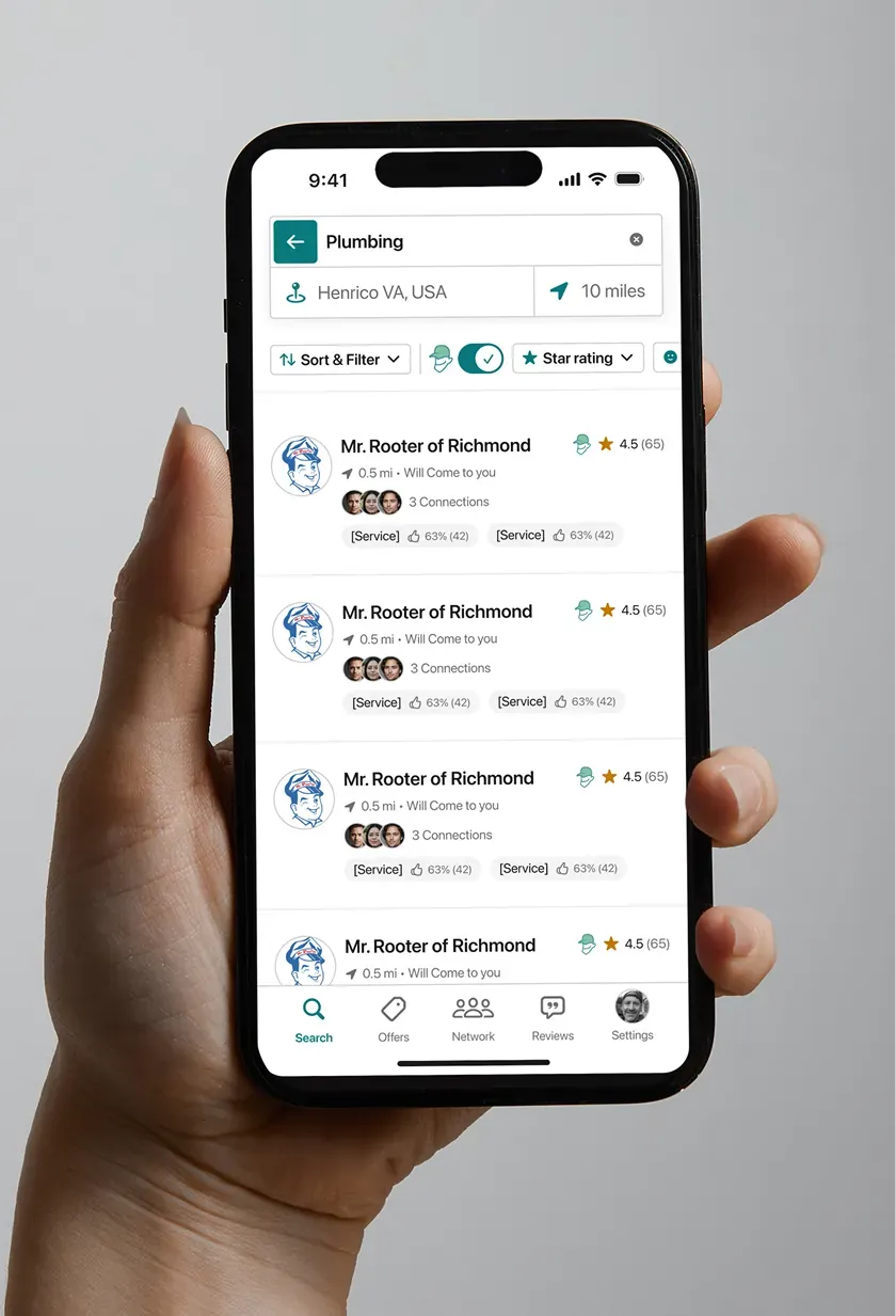 A TryMyPro search results screen listing plumbing providers with star ratings, distance and connections.