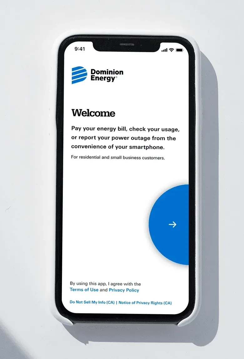 The Dominion Energy app welcome screen on a phone, inviting customers to pay a bill, check usage or report a power outage.
