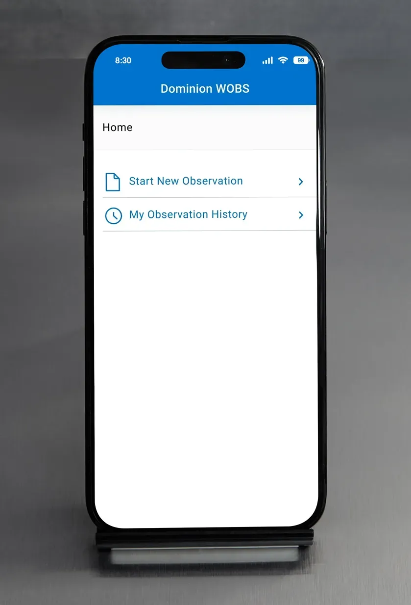 A work observation app home screen with options to start a new observation or open the observation history.