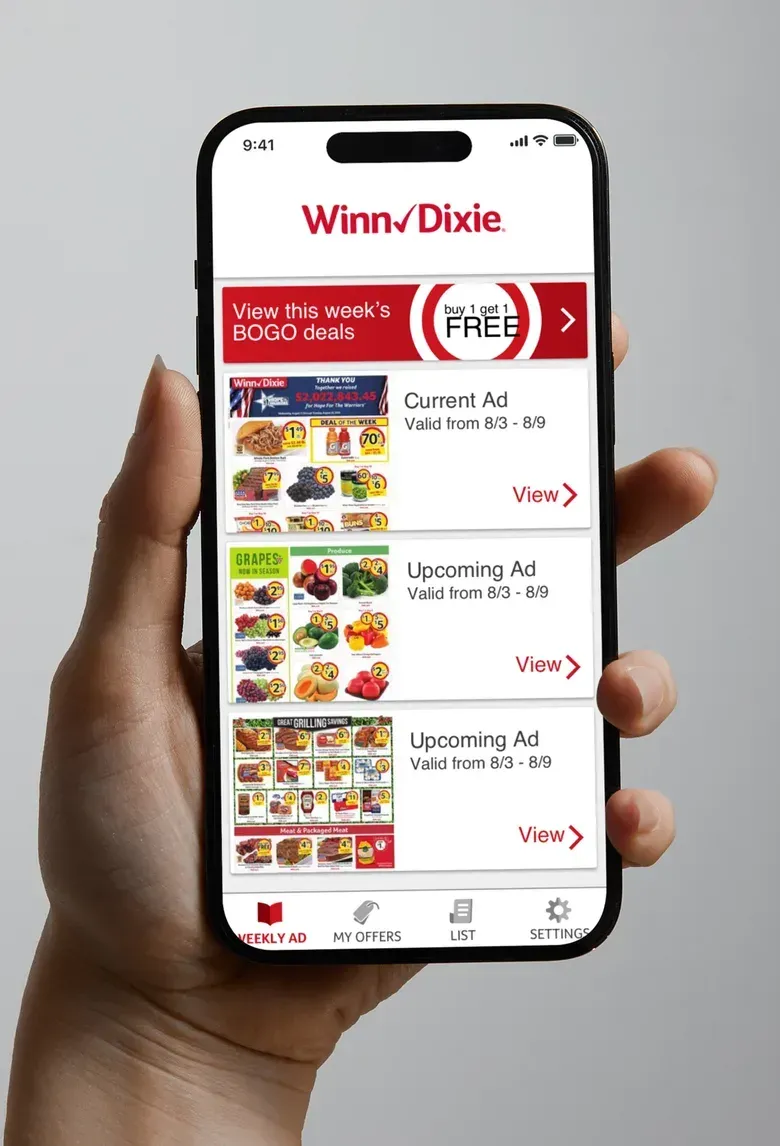A My Winn-Dixie weekly ad screen listing the current ad and two upcoming ads, with a banner for this week's buy one get one free deals.