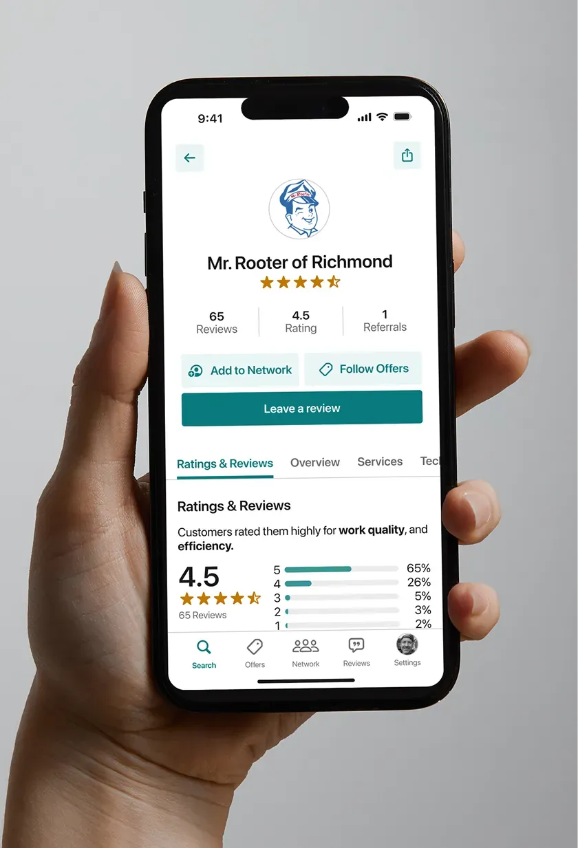 A TryMyPro provider profile with a star rating, review and referral counts, and Add to Network and Leave a review buttons.