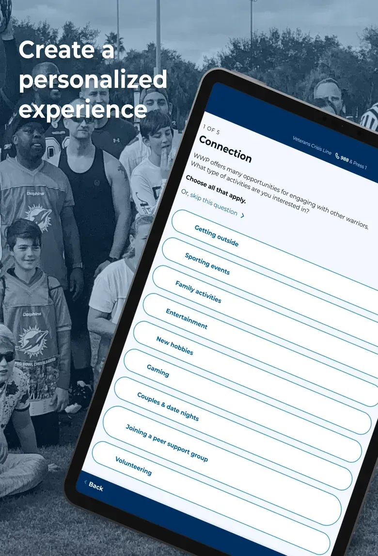 A MyWWP tablet screen asking which kinds of activities the member is interested in, under the headline Create a personalized experience.