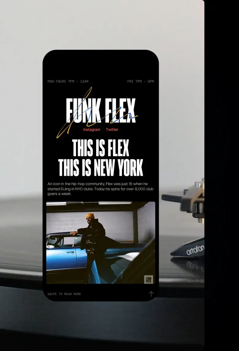 A Hot 97 talent profile screen with show times, a large name header and a short biography over a photo of a turntable.