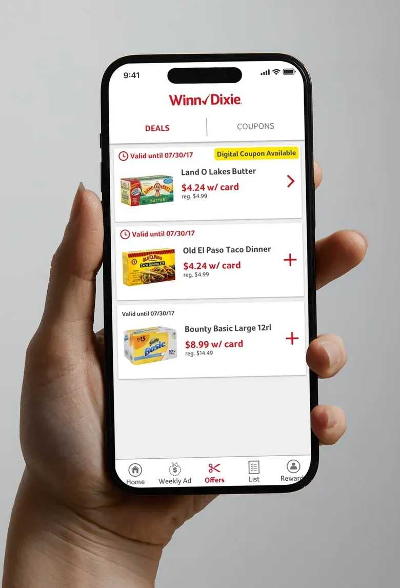 A My Winn-Dixie deals screen listing offers with store card prices and a plus button to add each one.