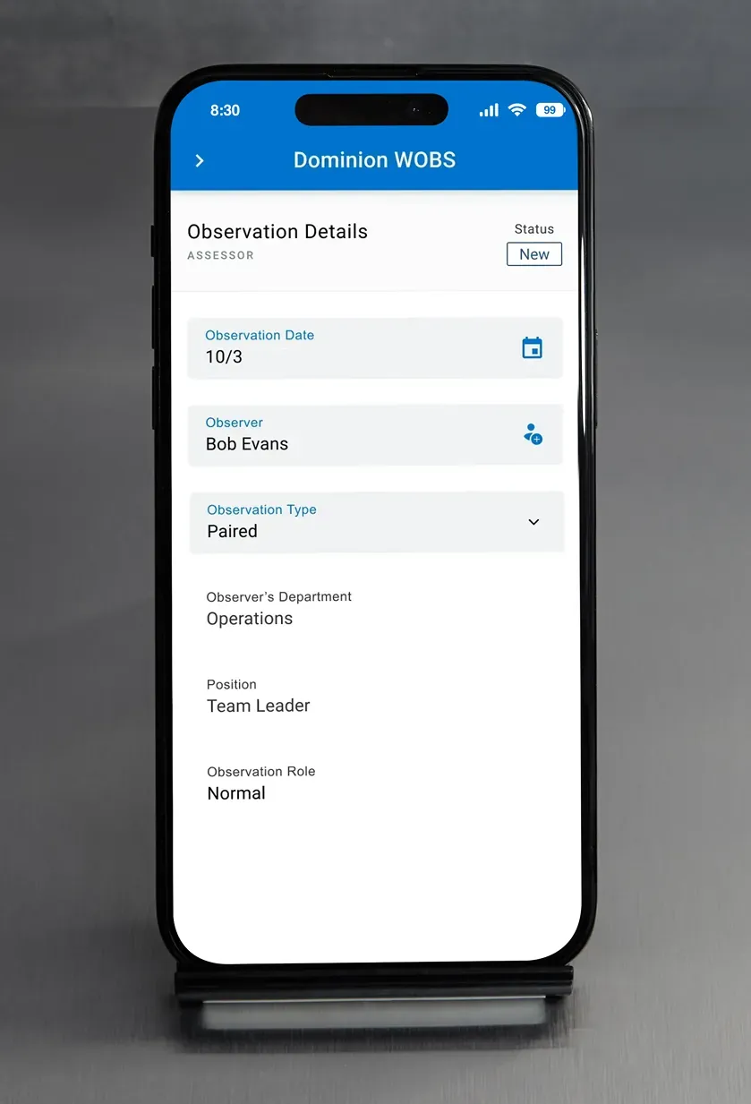 An observation details form on a phone for a paired observation, with observer, date, type and position fields.