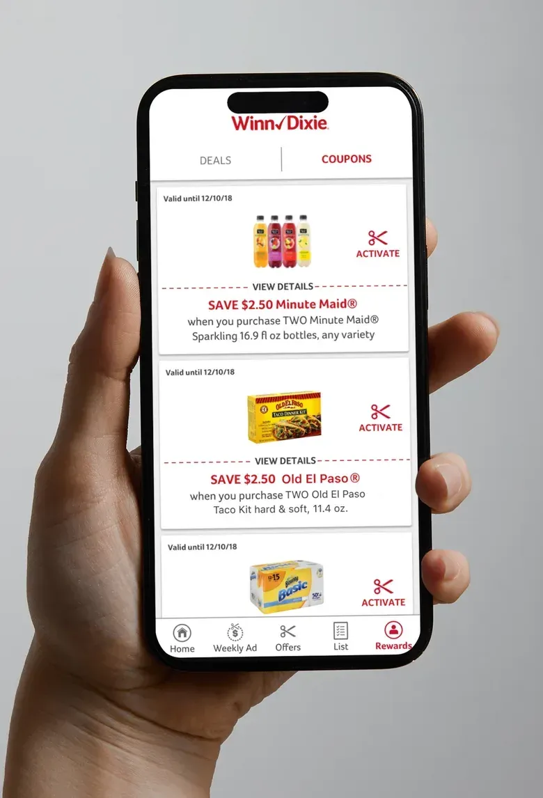 A My Winn-Dixie coupons screen listing digital coupons with details and an Activate button on each.