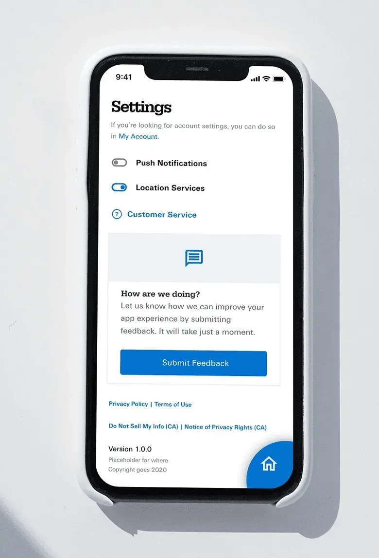An app settings screen on a phone with toggles for push notifications and location services, a customer service link and a feedback button.