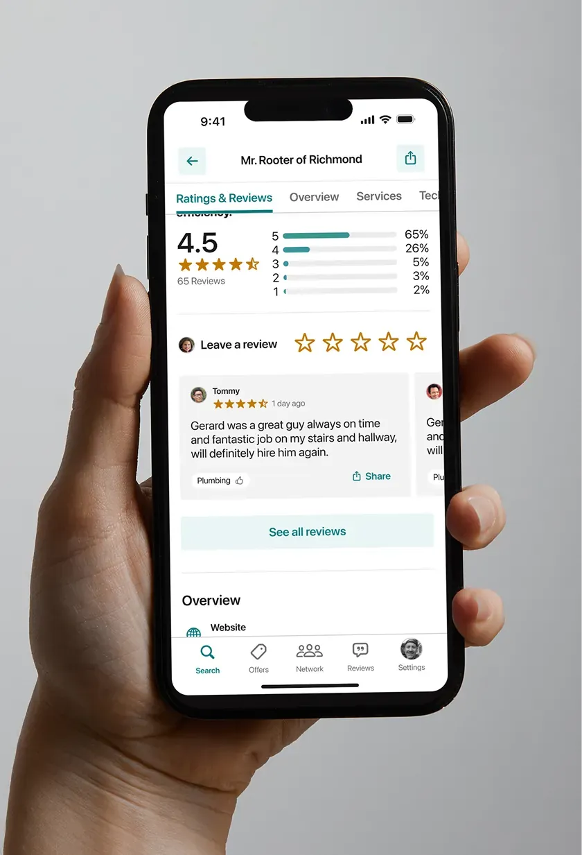 A TryMyPro ratings and reviews screen with a 4.5 average, the count of reviews and a list of customer reviews.