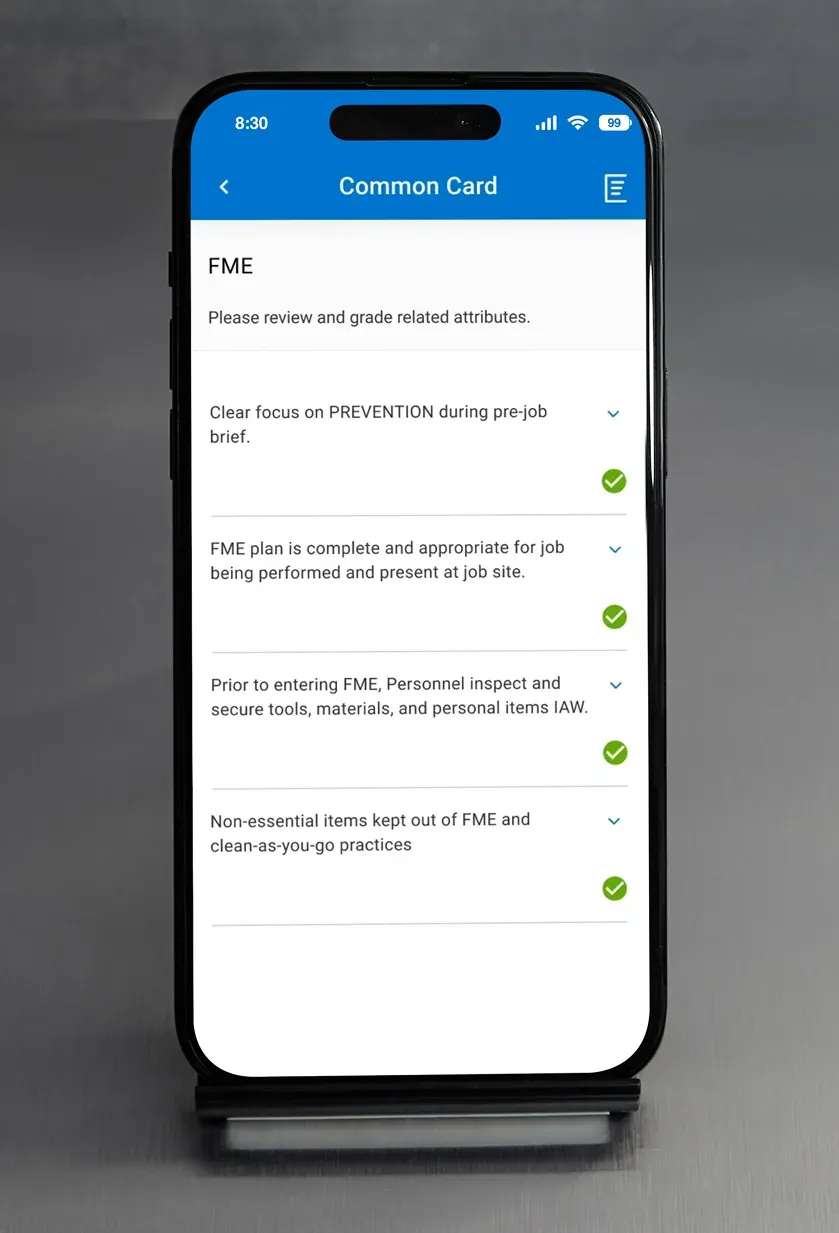 A common card screen listing attributes to review and grade, each with a green check mark.