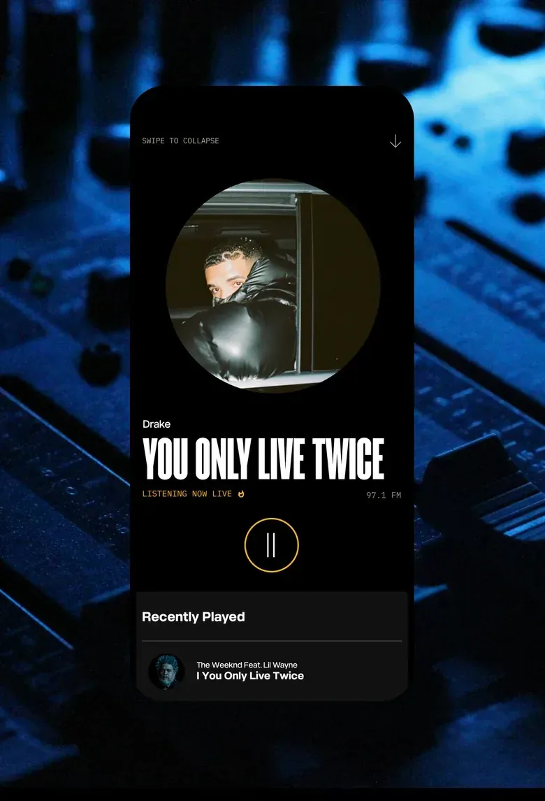 A Hot 97 live radio player showing the current song, a pause button and a Recently Played list, over a photo of a mixing board.