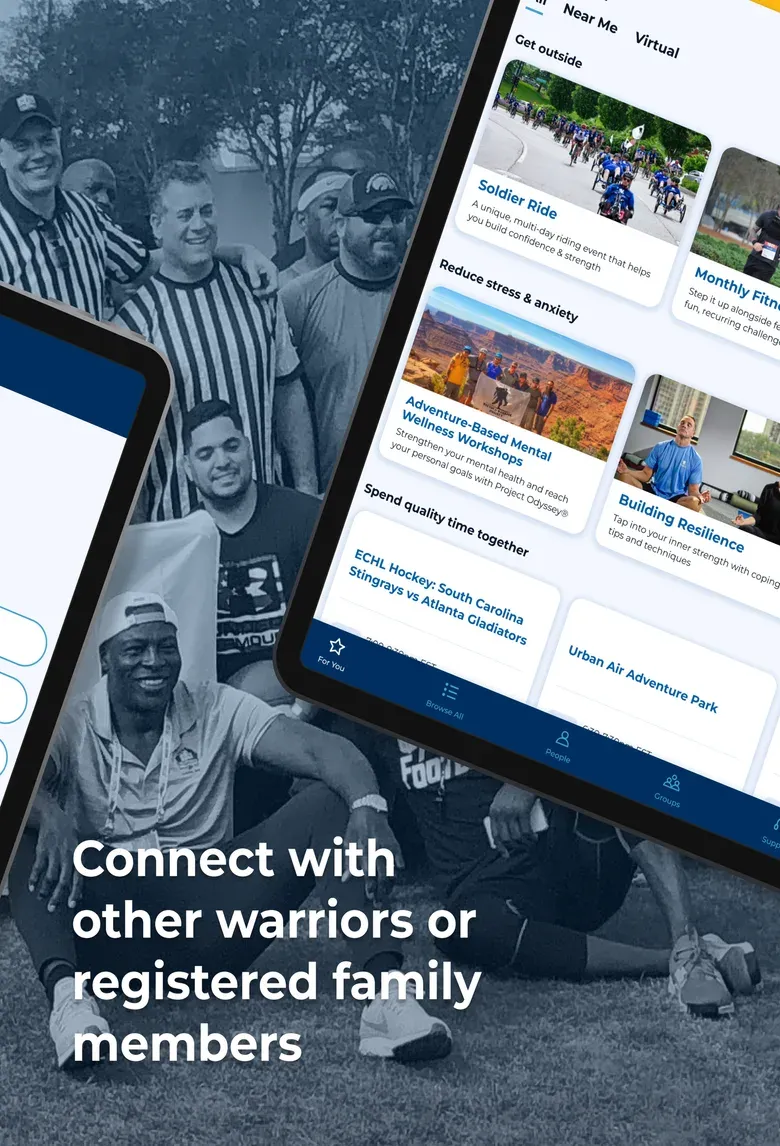 A MyWWP tablet screen listing nearby and virtual events, under the headline Connect with other warriors or registered family members.