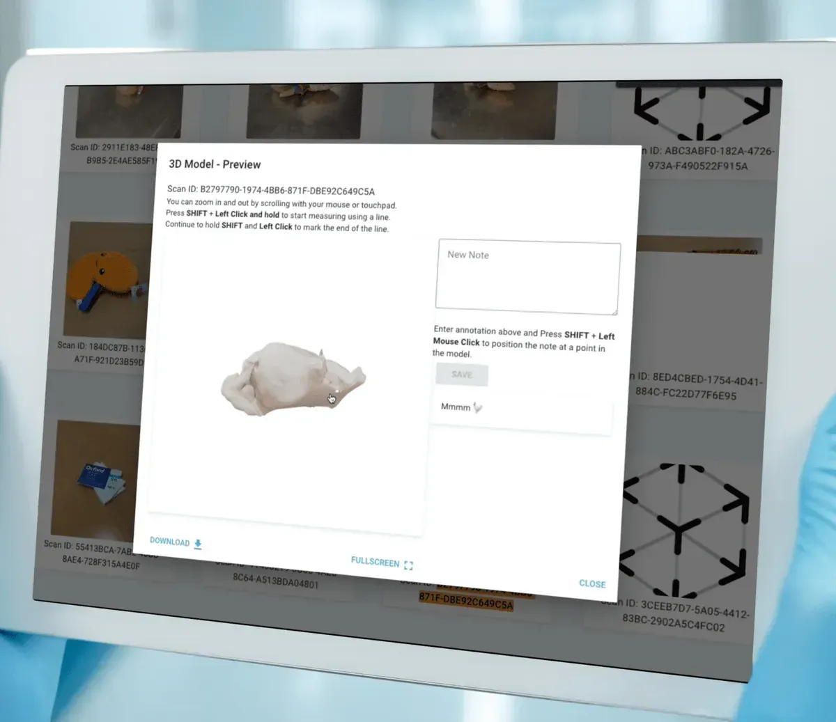 A 3D model preview of an organ on a tablet, with a note field and instructions for measuring between two points.