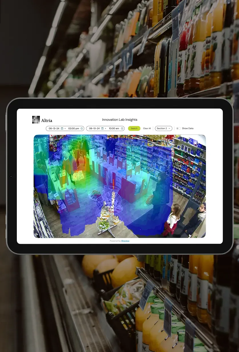 A tablet dashboard showing one camera view with a heat map over an aisle of shelves.
