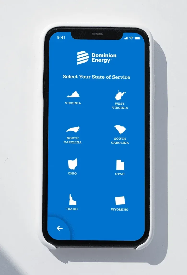 A phone screen on a blue background asking customers to select their state of service, with eight states shown as icons.