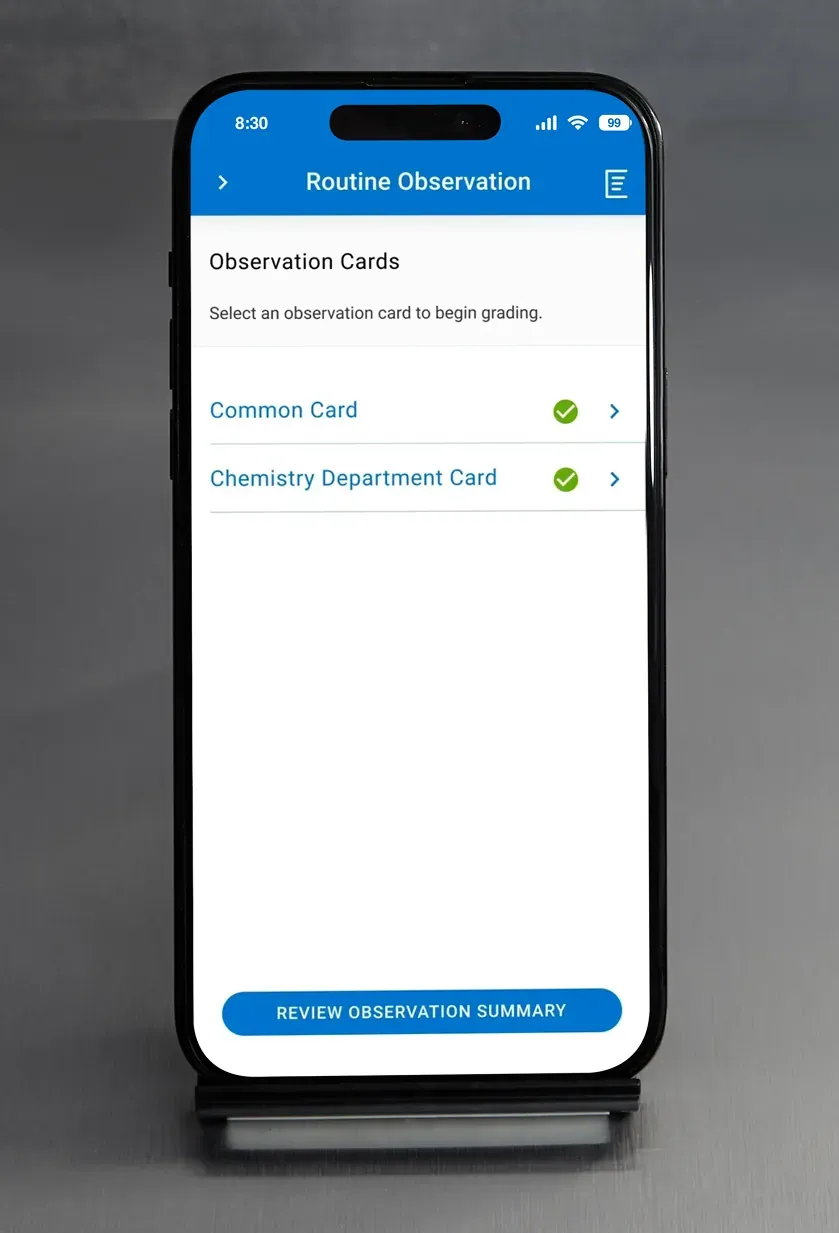 A list of observation cards with a check mark beside each completed card and a Review Observation Summary button.