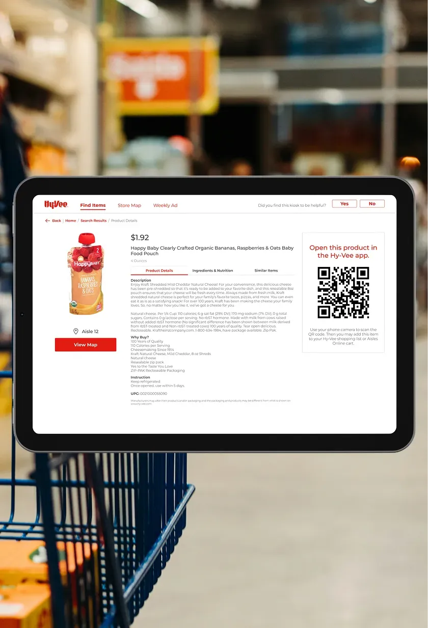 A Hy-Vee kiosk product page with a photo, price, description and a QR code to open the product in the Hy-Vee app.