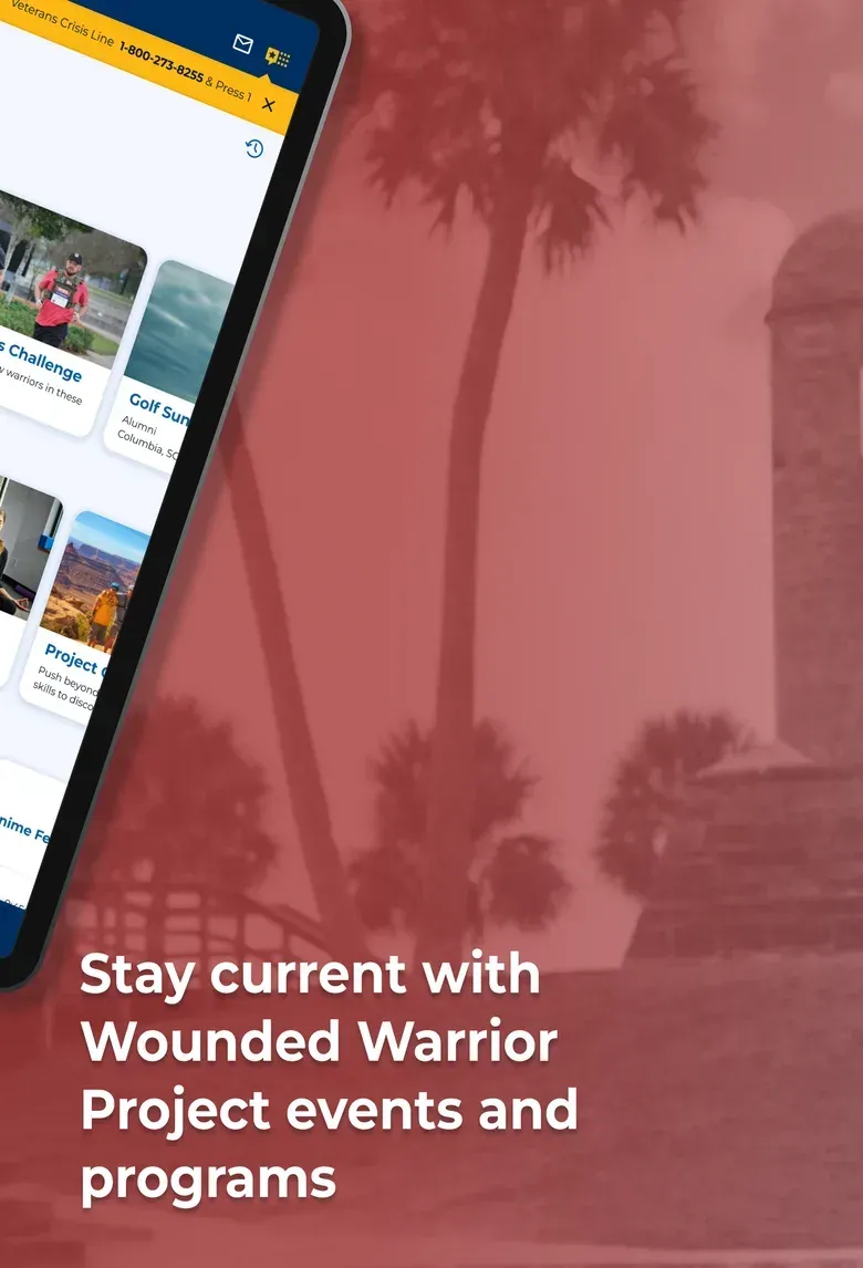 A MyWWP tablet screen of event and program listings, under the headline Stay current with Wounded Warrior Project events and programs.