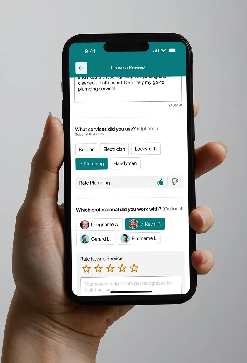 A TryMyPro Leave a Review form with a text box, service choices, a professional picker and a star rating.