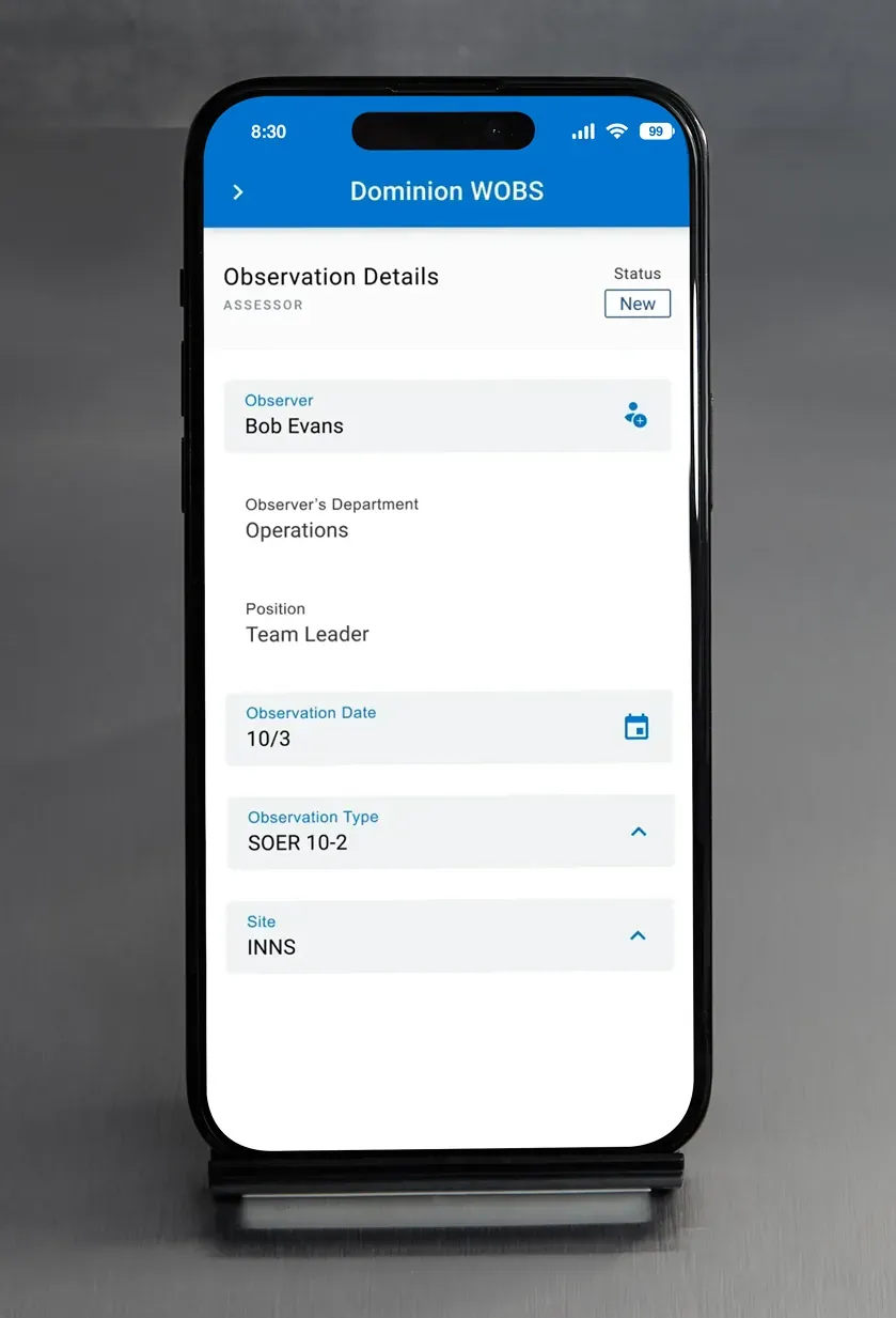 An observation details form on a phone with the observer, observation type and site fields.