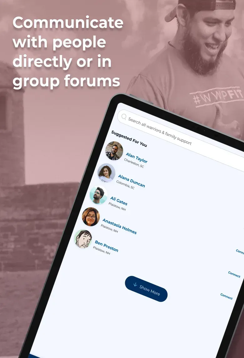 A MyWWP tablet screen showing suggested people to connect with, under the headline Communicate with people directly or in group forums.