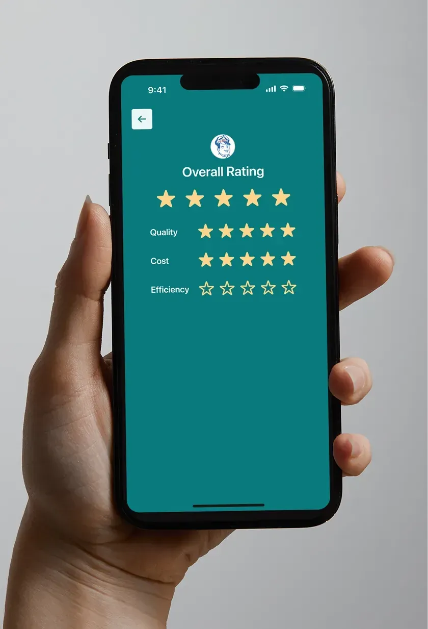 A TryMyPro rating screen on a teal background with the overall, Quality and Cost stars filled in and Efficiency empty.