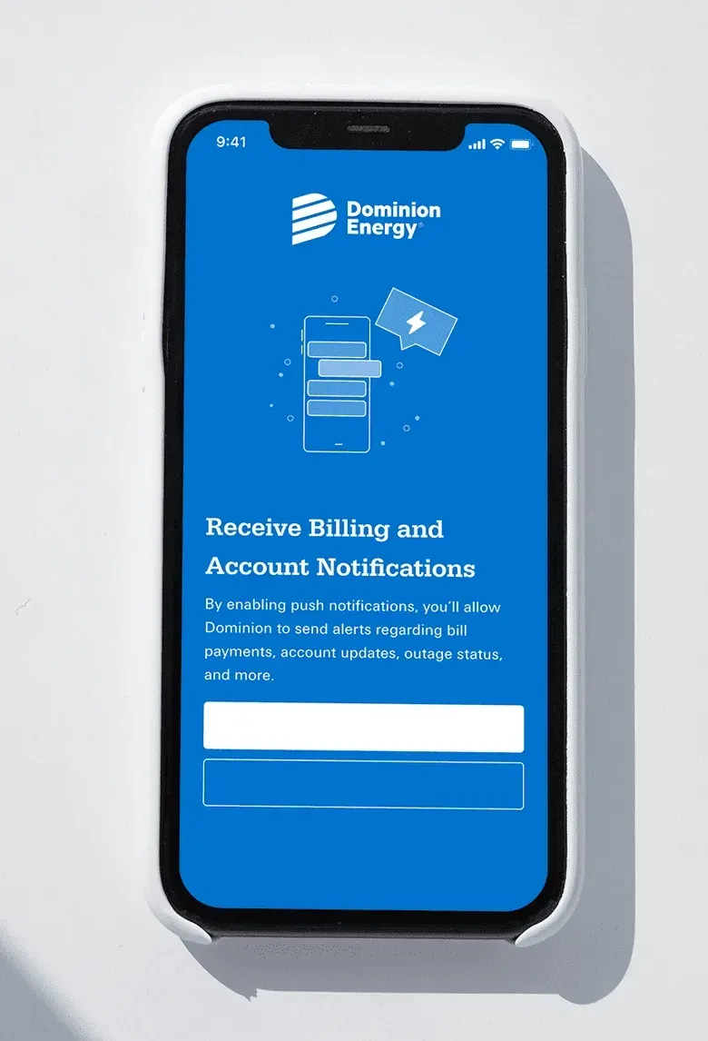 A phone screen on a blue background that asks customers to turn on push notifications for billing and account alerts.