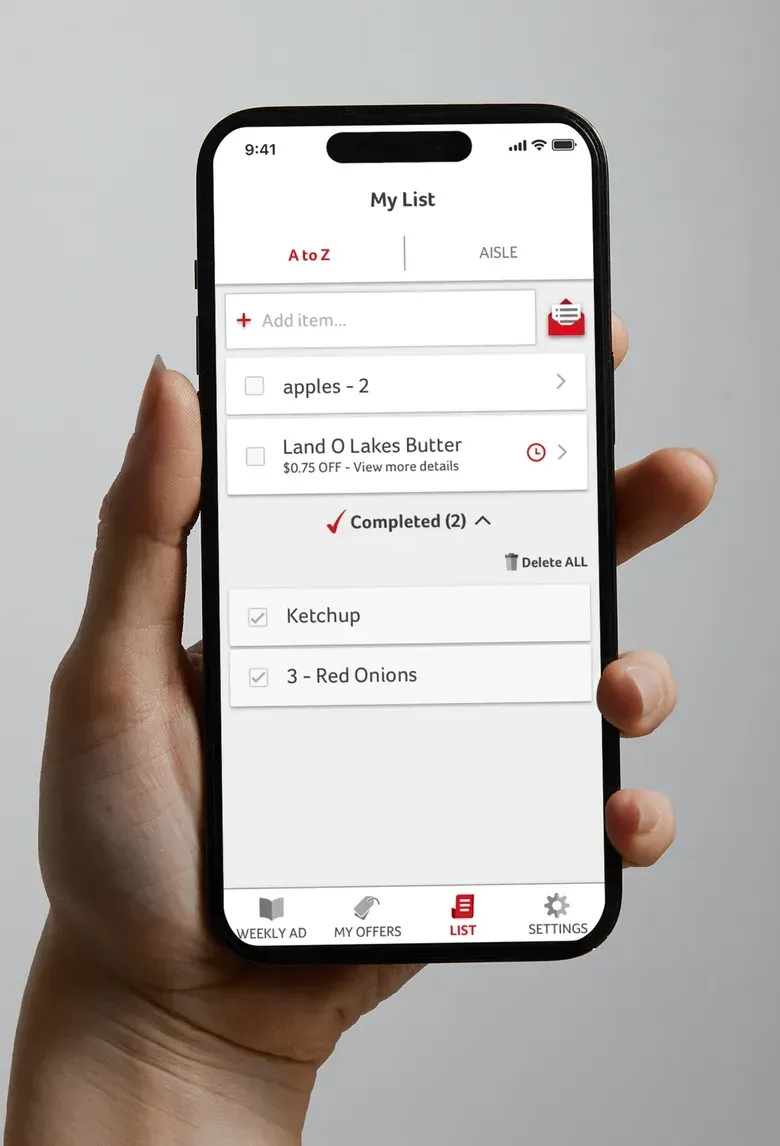 A My Winn-Dixie shopping list screen with items added, a completed section and an A to Z sort tab.
