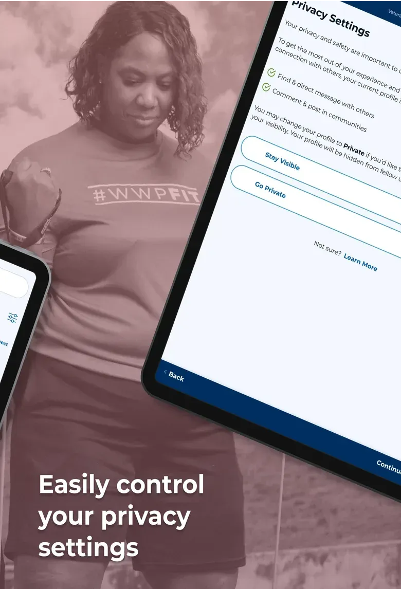 A MyWWP tablet privacy settings screen, under the headline Easily control your privacy settings.