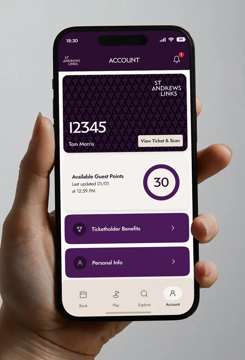 The Account tab showing a digital ticket, guest points, and ticketholder benefits.