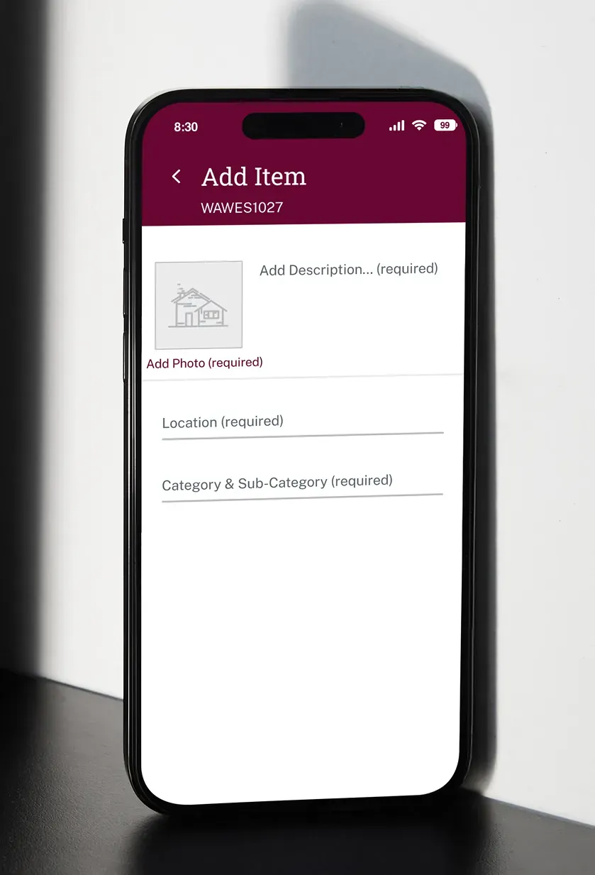 The Add Item screen with fields for a photo, description, location and category.