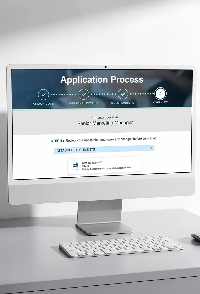 An application page design on a desktop monitor, on step four of four, where a candidate reviews attached documents and details.