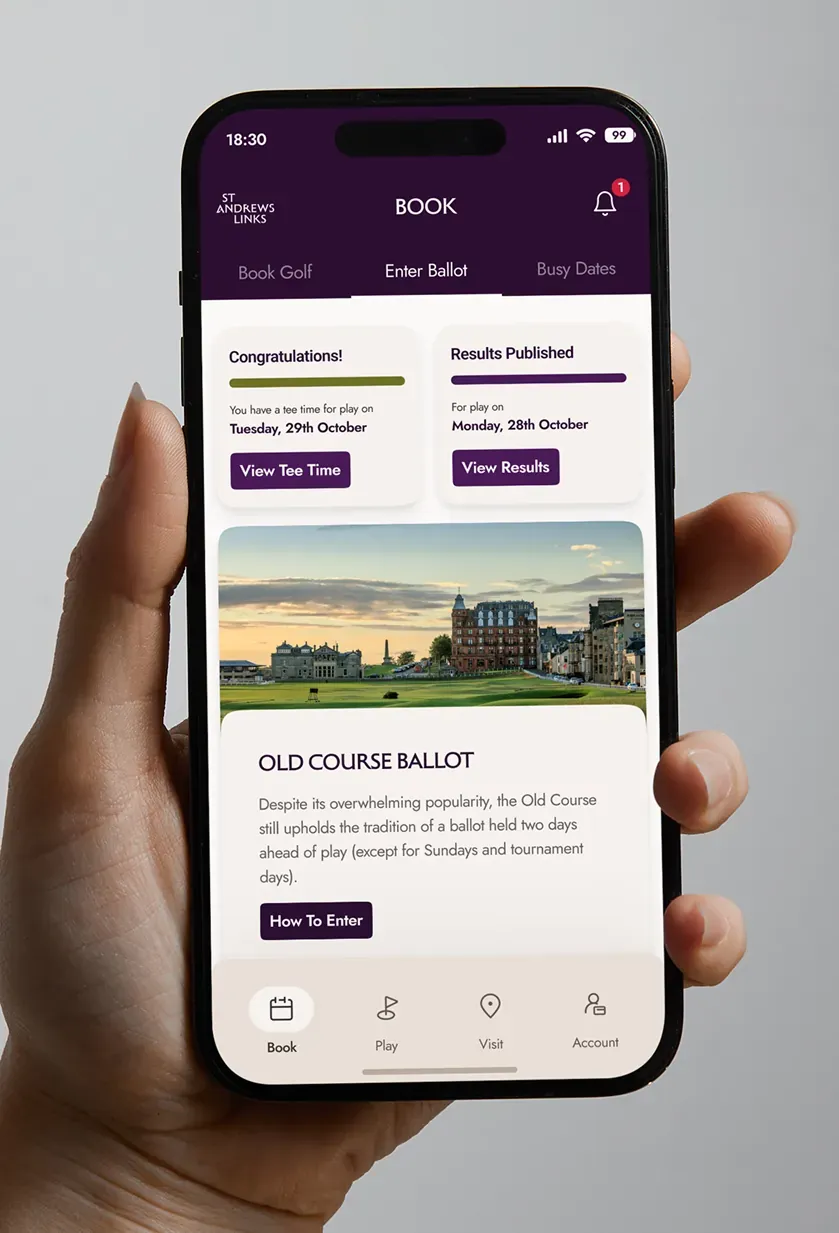 The Book tab with the Old Course ballot entry and results.